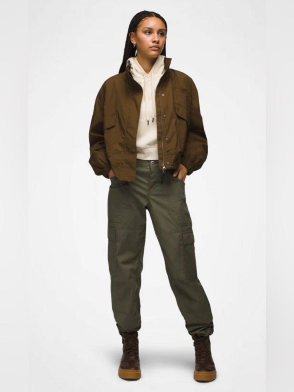 Prana Olive Green Cargo Pants with Brown Jacket